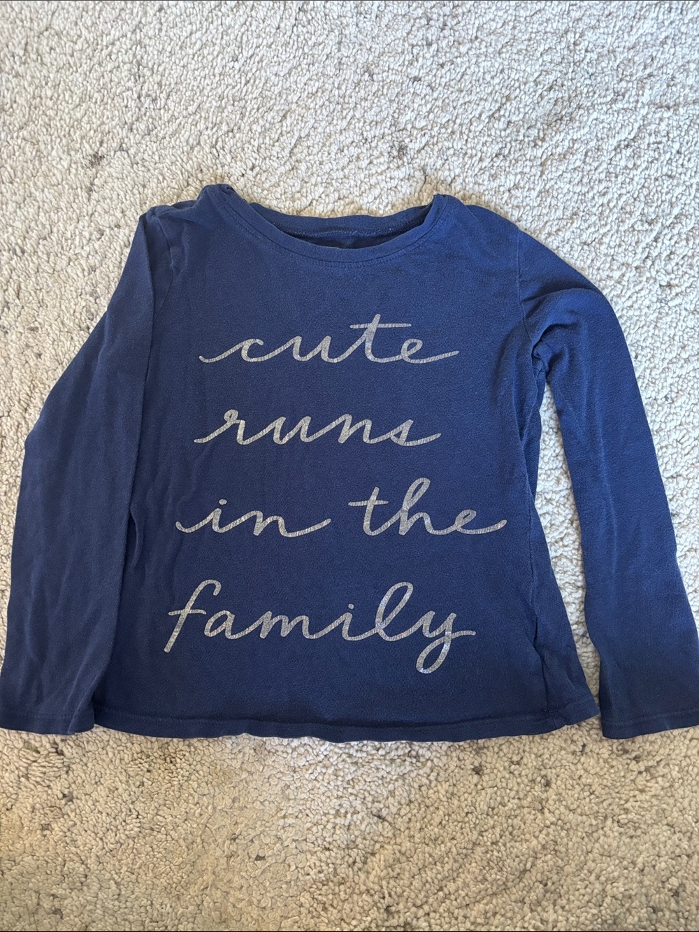 Old Navy Navy Long-Sleeve Tee with Silver Script 'cute runs in the family'